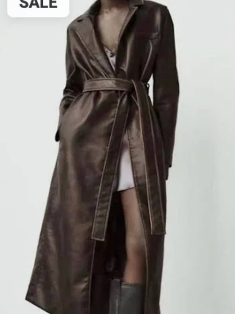 ZARA NWT Brown Faux Leather Long Trench Coat | Belted Maxi Jacket